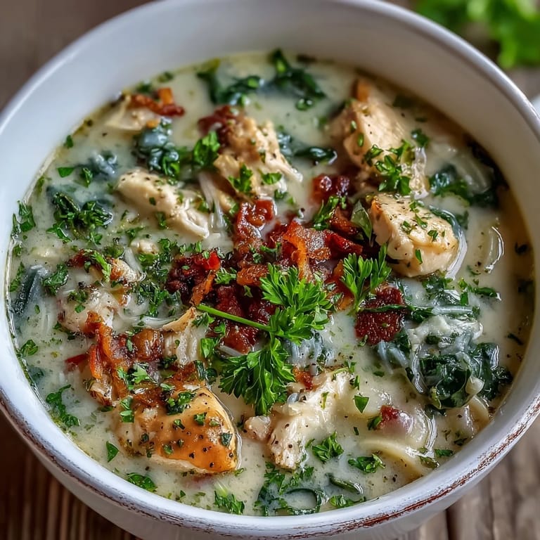 Close-up of steaming Garlic Parmesan Chicken Soup in a rustic mug, showcasing rich, creamy texture and golden melted Parmesan swirls.