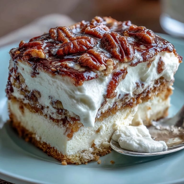 Layered dessert square drizzled with warm buttery pecan sauce, sitting beside a glass of milk on a rustic wooden table.