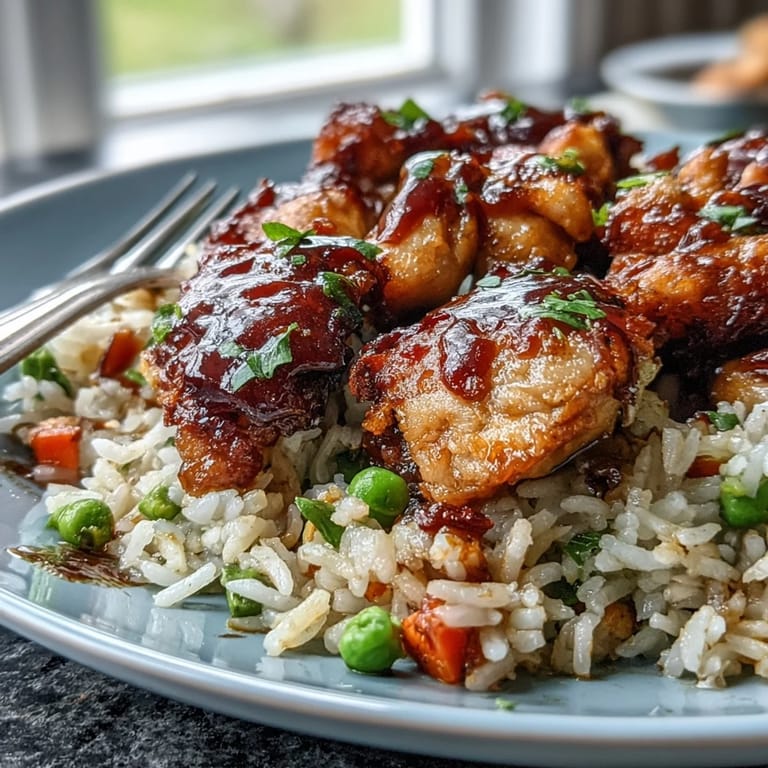 Fork-fluffed One-Pan Bold Honey BBQ Chicken Rice shows saucy chicken and bright mixed vegetables steaming in a skillet with steam rising.