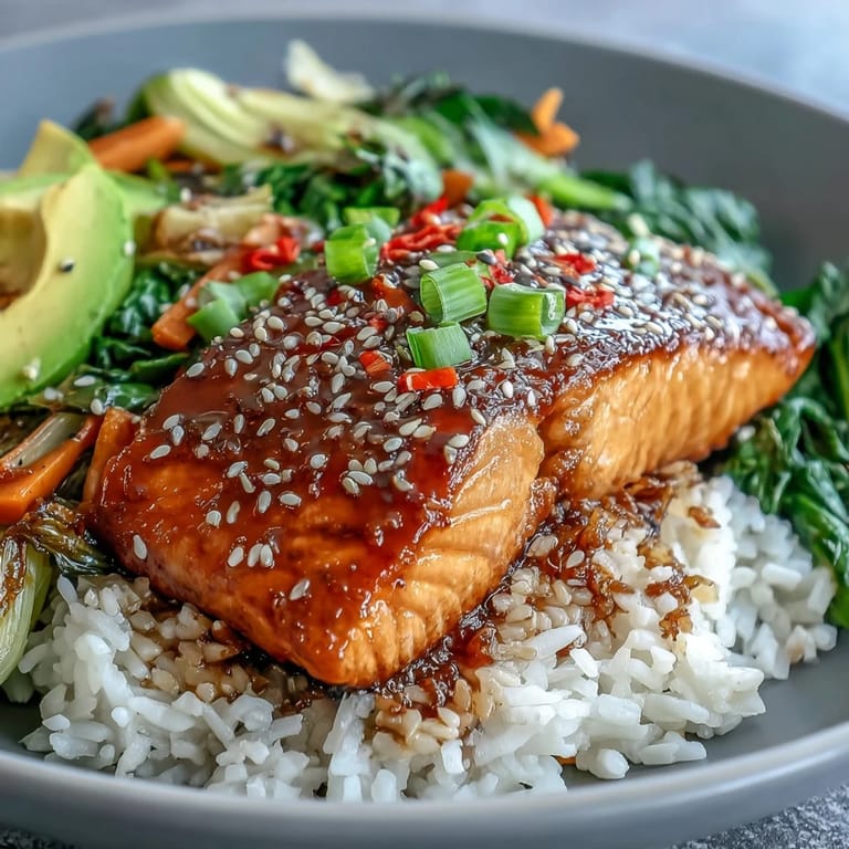 Soy ginger salmon bowl with avocado, green onions, and lime for a vibrant meal.  