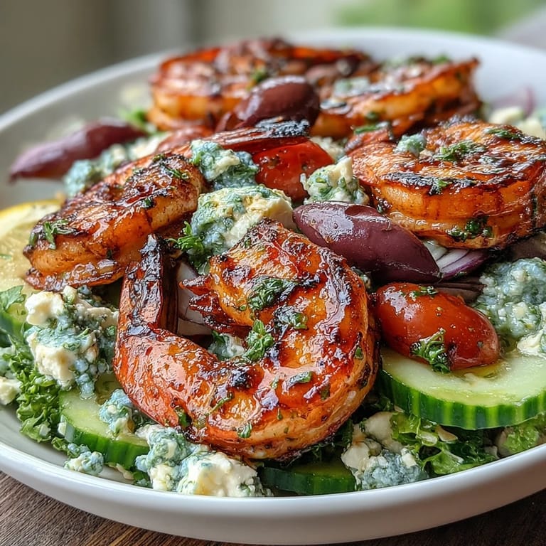 A vibrant Greek Shrimp Bowl featuring plump grilled shrimp, briny olives, and crumbled feta over fresh greens.
