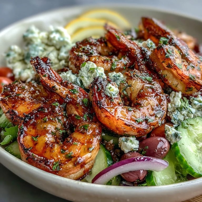 Close-up of a Greek Shrimp Bowl with juicy tomatoes, crisp cucumber, red onion, and a zesty lemon dressing.