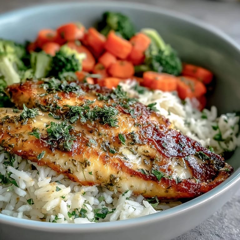 A close-up of a Baked Tilapia Bowl shows tender, flaky fish seasoned with herbs beside steamed vegetables and steaming rice.