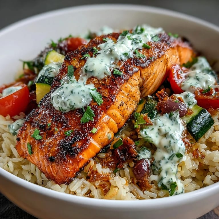 For a hearty dinner, enjoy this Crispy Rice Salmon Bowl with a colorful medley of vegetables and a refreshing lemon-yogurt topping.