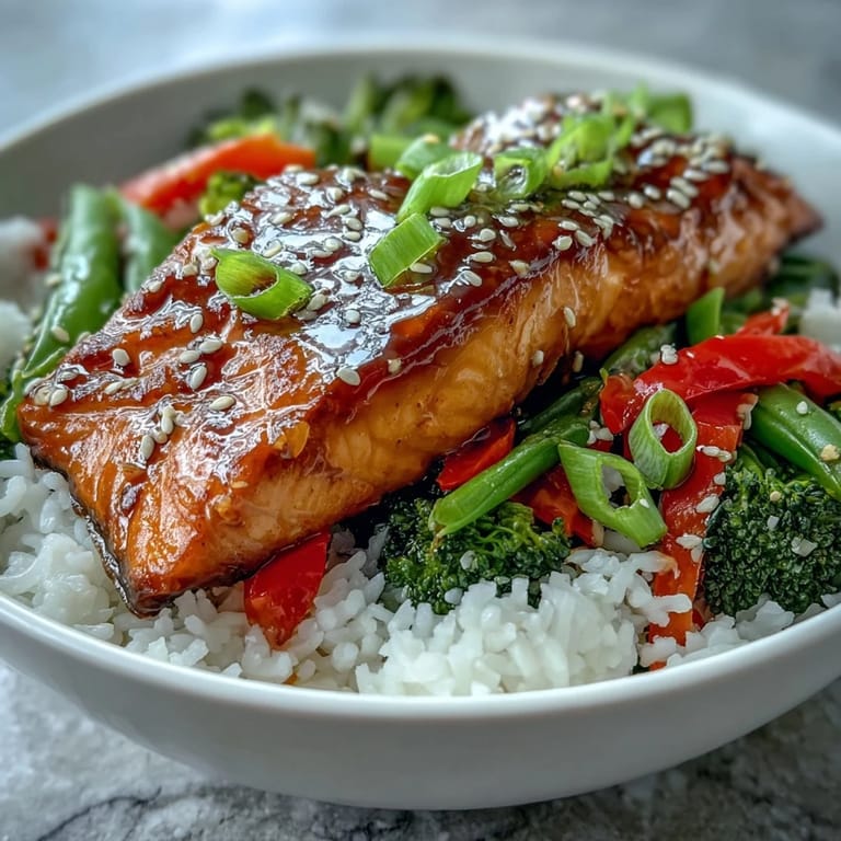 Teriyaki salmon bowl with tender fillet glistening, fluffy rice, and colorful broccoli and bell peppers ready to enjoy.
