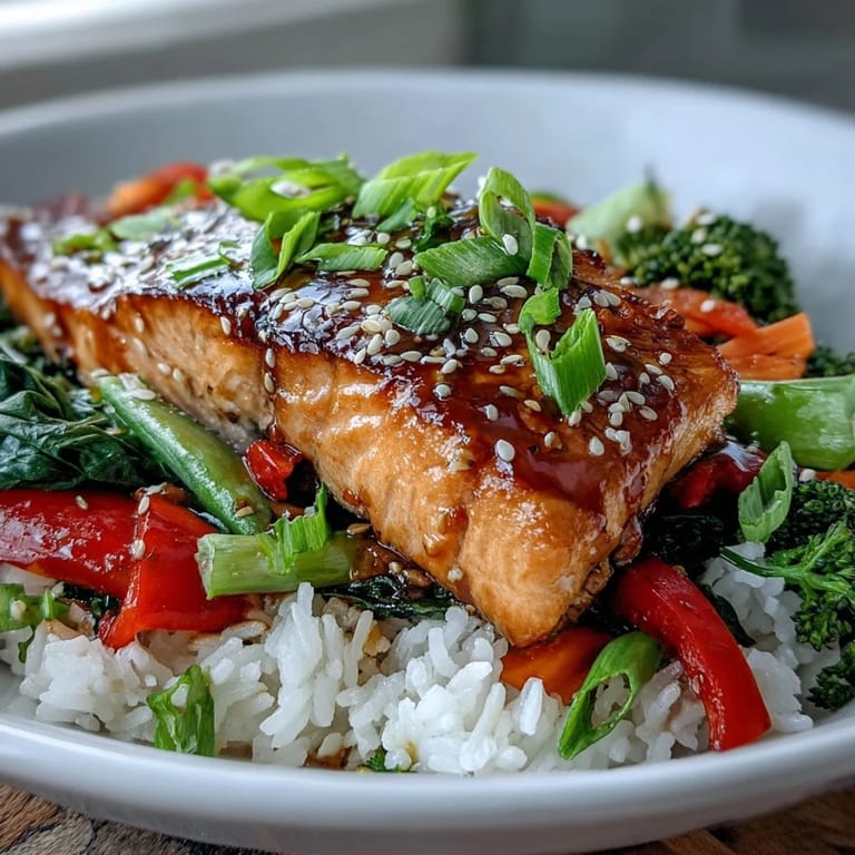 Close-up of a teriyaki salmon bowl, glazed fish beside crisp vegetables, garnished with sesame seeds and green onions.