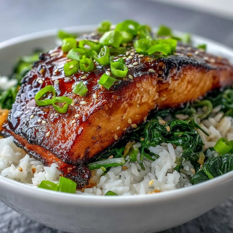 A close-up of miso glazed salmon bowl, garnished with green onions, sesame seeds, and nori strips.