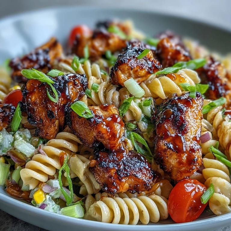 Bright cherry tomatoes and sweet corn add color to this Honey BBQ Chicken Pasta Salad served in a chilled, inviting bowl.