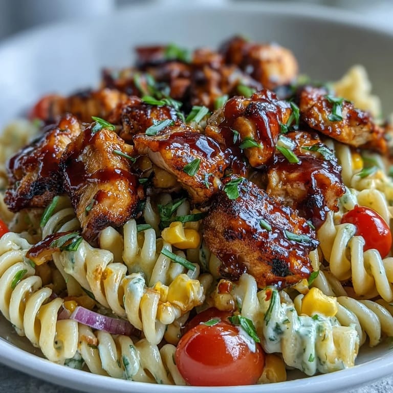 Hearty Honey BBQ Chicken Pasta Salad features rotini pasta, diced celery, and honey-glazed chicken chunks tossed in a creamy barbecue dressing.