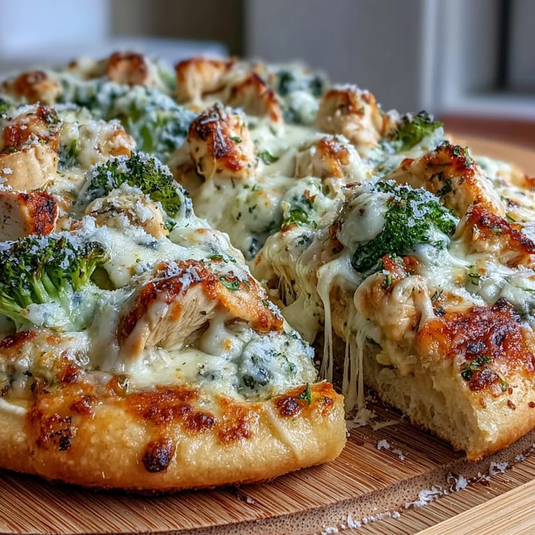 Freshly baked Garlic Parmesan Chicken & Broccoli Pizza sliced into wedges on a marble countertop.