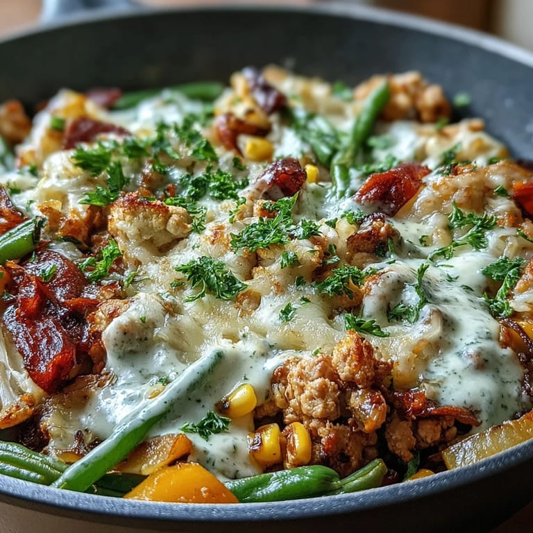 Golden skillet of Creamy Ranch Turkey & Veggie Skillet with steam rising, topped with fresh parsley and ready for a weeknight family dinner.