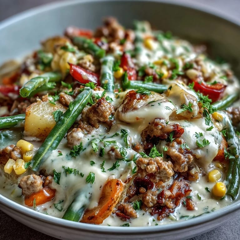 Spoon lifting a portion of Creamy Ranch Turkey & Veggie Skillet, revealing tender ground turkey and vibrant veggies in a luscious ranch cream sauce.