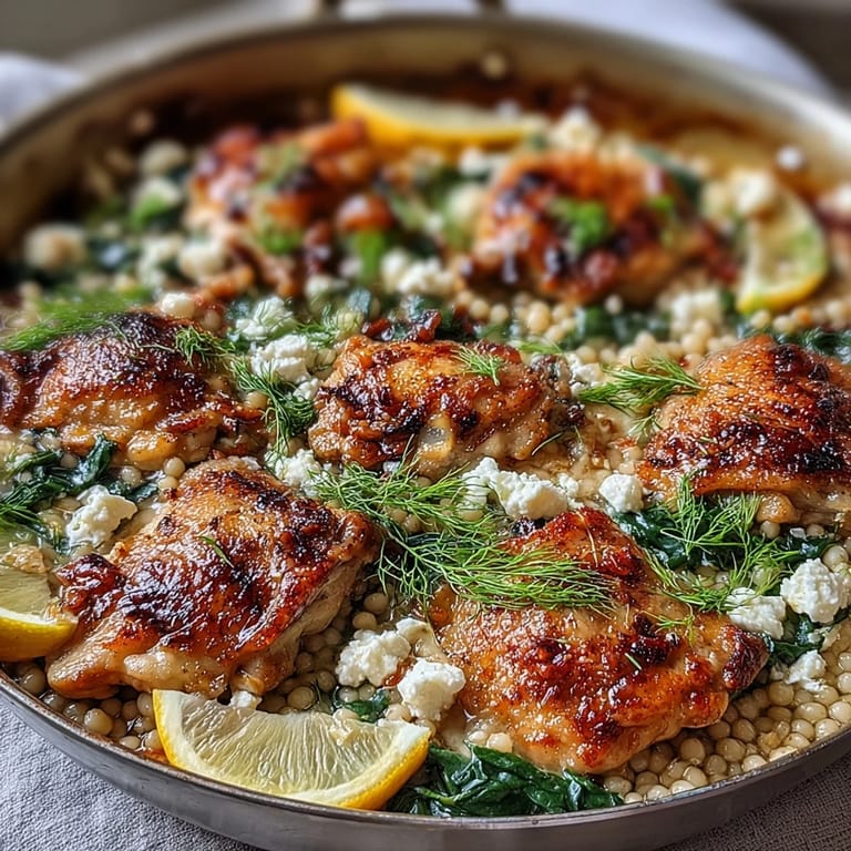 This Creamy Greek Chicken & Pearl Couscous Bake is a golden one-pan dinner.