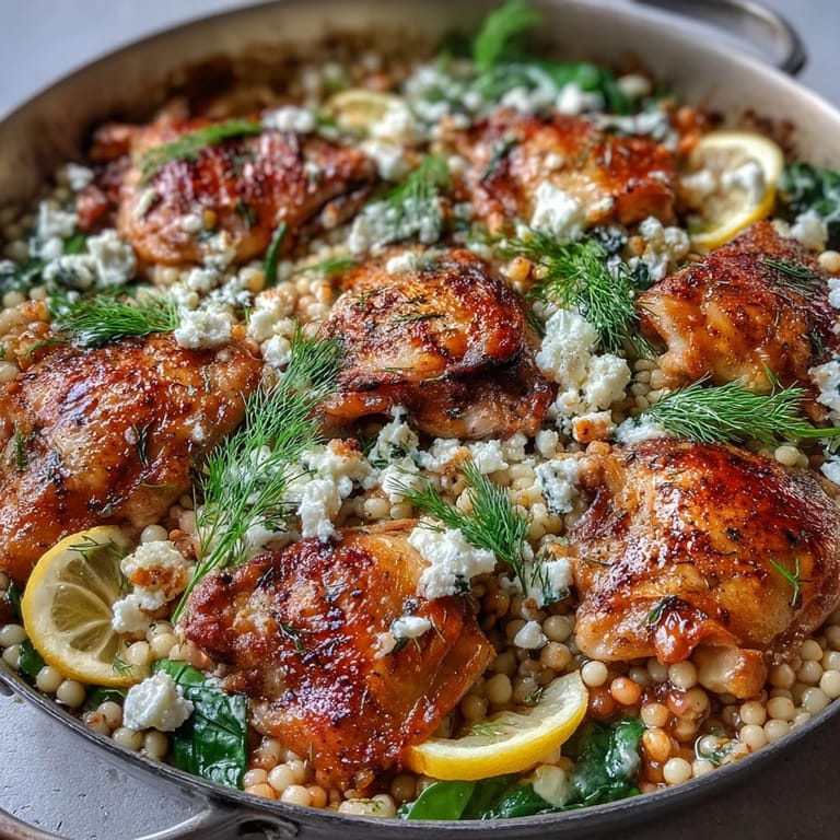 Fresh lemon juice and dill garnish this Creamy Greek Chicken & Pearl Couscous Bake.