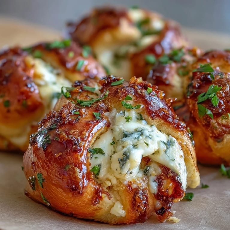 A close-up of Hot Honey Ricotta Stuffed Garlic Knots drizzled with spicy honey and fresh parsley.