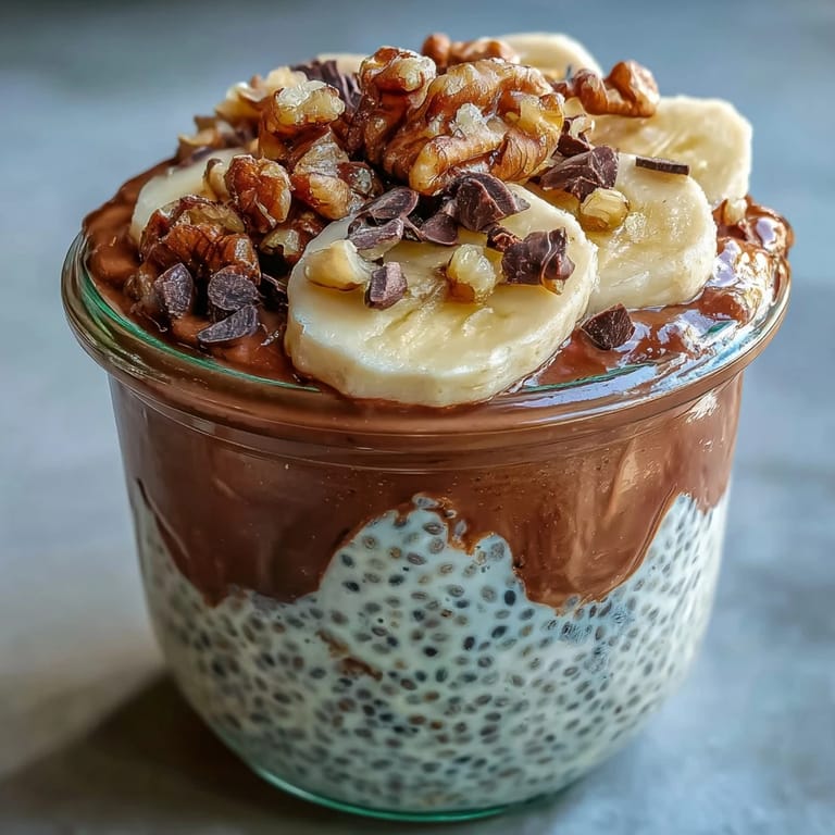 Chunky Monkey Overnight Chia Pudding served chilled in a clear glass, highlighting creamy banana and peanut butter layers.