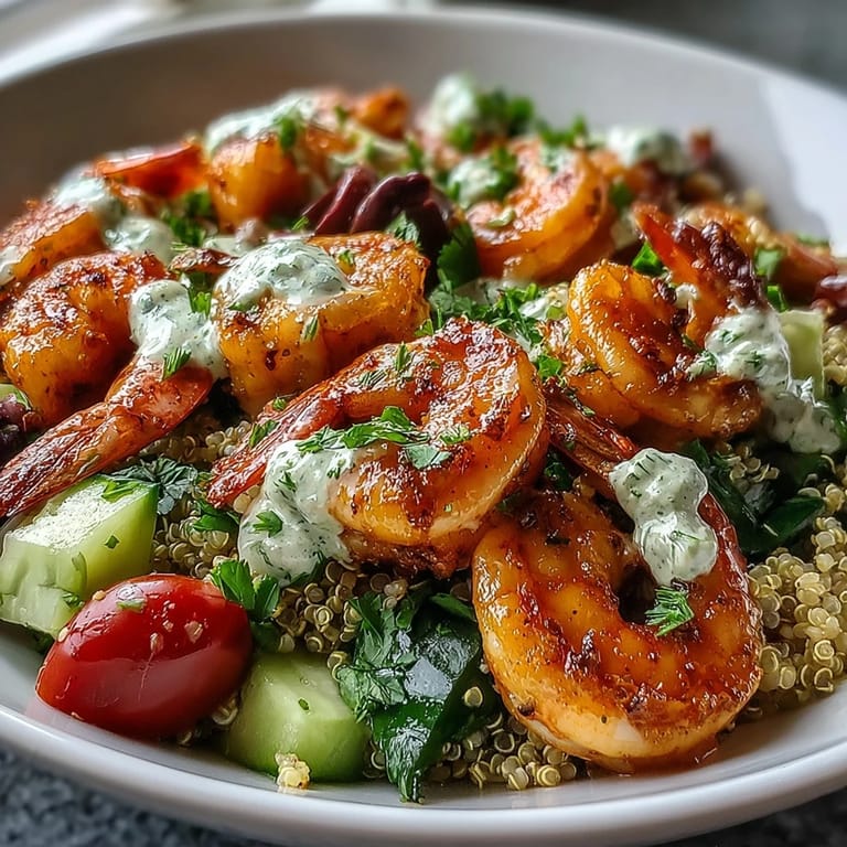 Succulent shrimp and colorful Mediterranean vegetables served over fluffy quinoa, topped with a rich tahini sauce and a sprinkle of parsley in this easy seafood bowl.