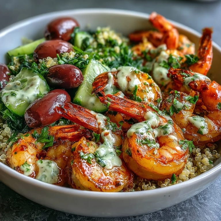 Healthy and vibrant Mediterranean Shrimp Bowl featuring sautéed shrimp, baby spinach, red onion, and a zesty lemon-tahini dressing for a fresh, satisfying meal.  