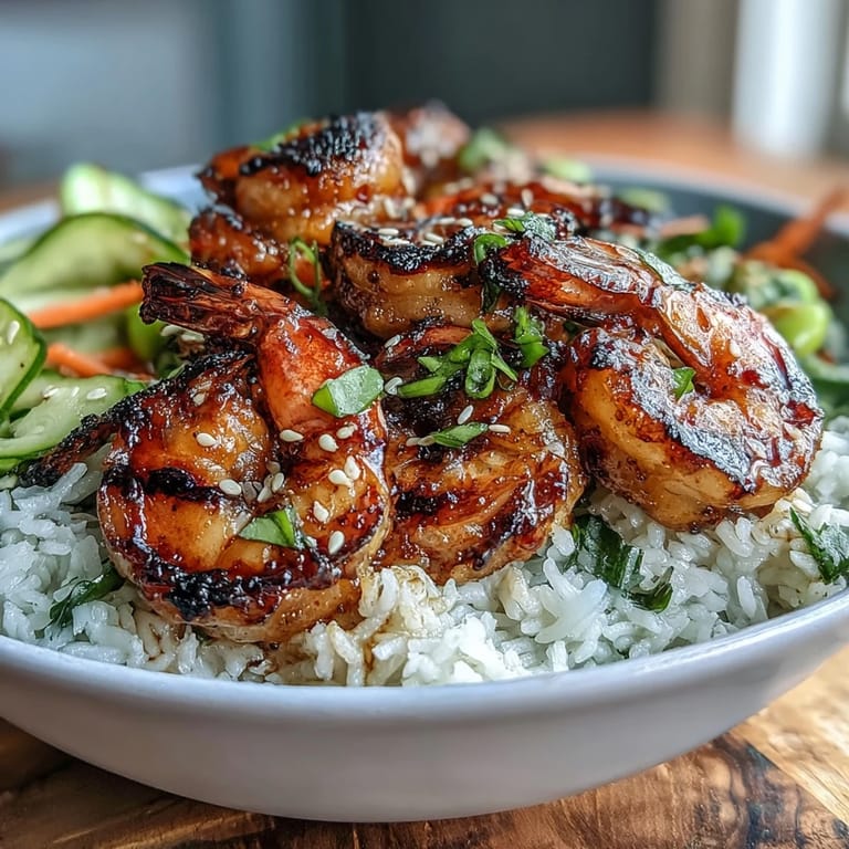 Vibrant Asian shrimp bowl featuring juicy grilled shrimp, fresh cucumber, and carrots, drizzled with a savory ginger-sesame sauce.