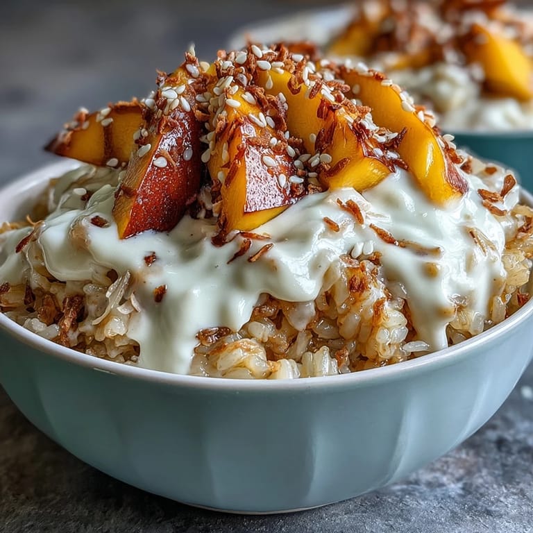 Nourishing vegan breakfast bowl with coconut-infused sticky rice, ripe mango, and a luscious coconut cream topping for a sweet start to your day.