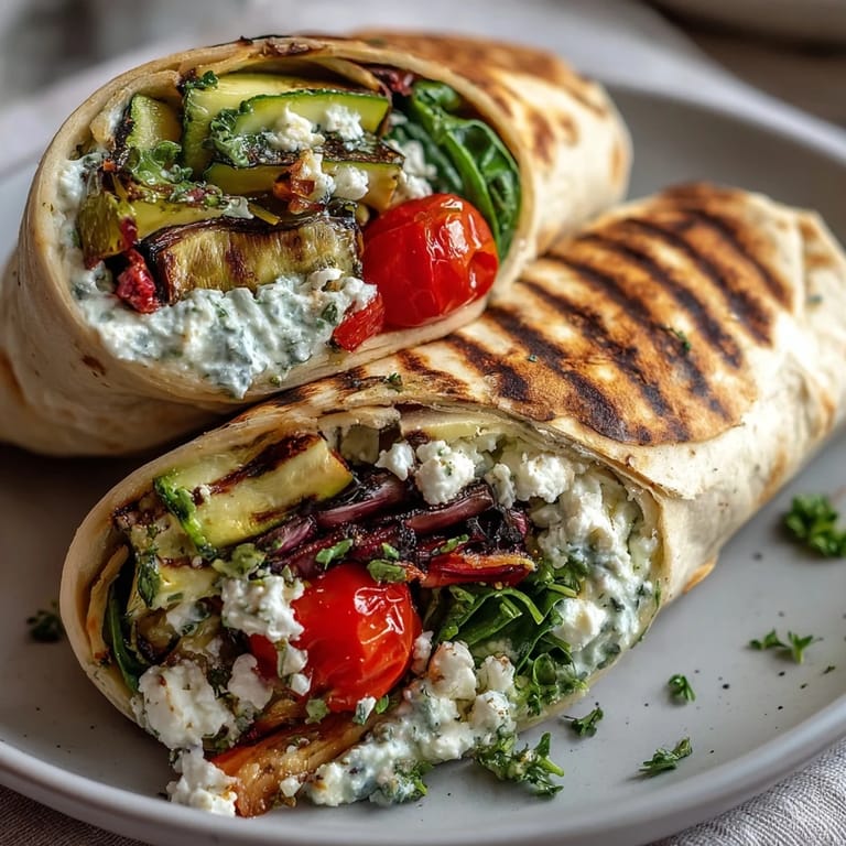 Colorful grilled vegetables and creamy hummus wrapped in whole wheat tortillas, topped with feta and fresh spinach for a vibrant, healthy meal.