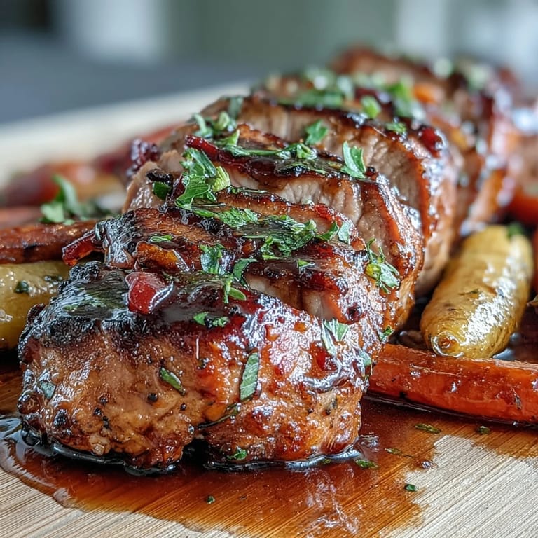 Oven-roasted pork tenderloin glazed in honey balsamic sauce, paired with tender rainbow carrots for a vibrant, gluten-free dinner.