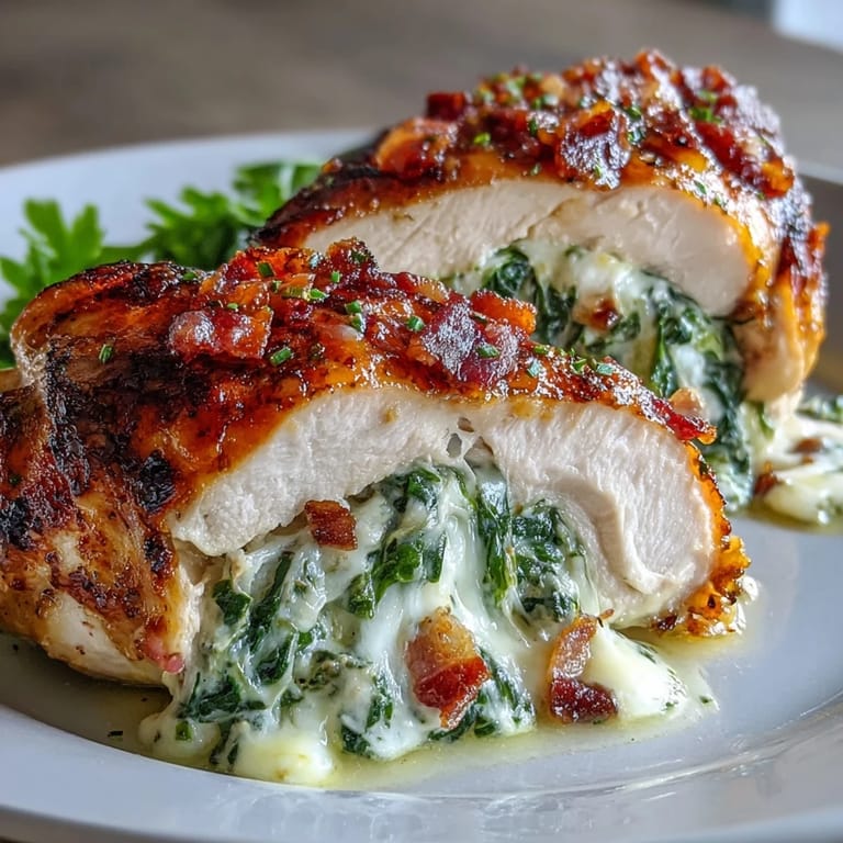 Creamy spinach, crispy bacon, and melted mozzarella stuffed inside tender chicken breasts, topped with aromatic garlic butter sauce.  