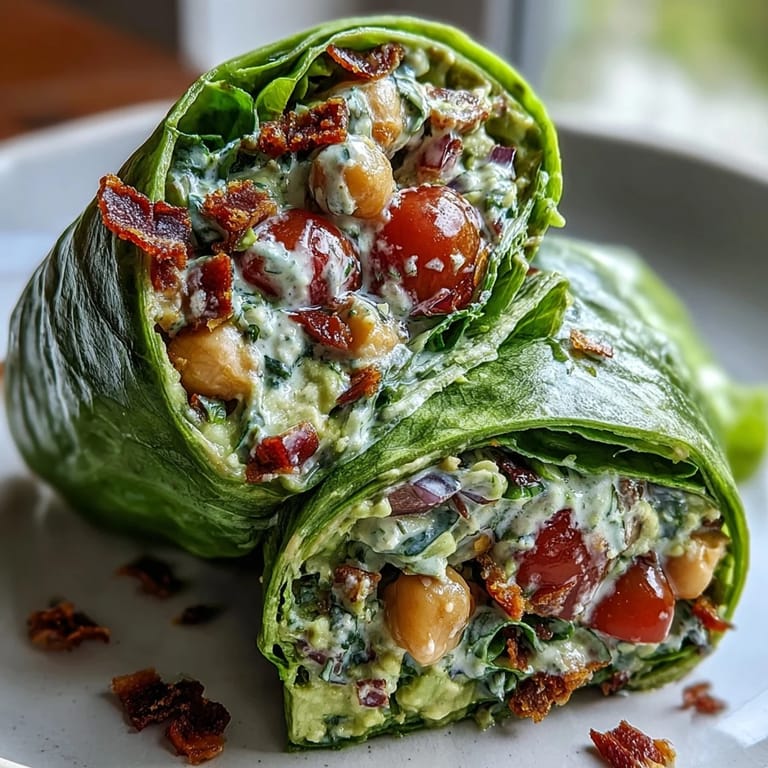 Vibrant lettuce wraps filled with zesty avocado chickpea salad, topped with fresh vegetables for a refreshing, wholesome meal.