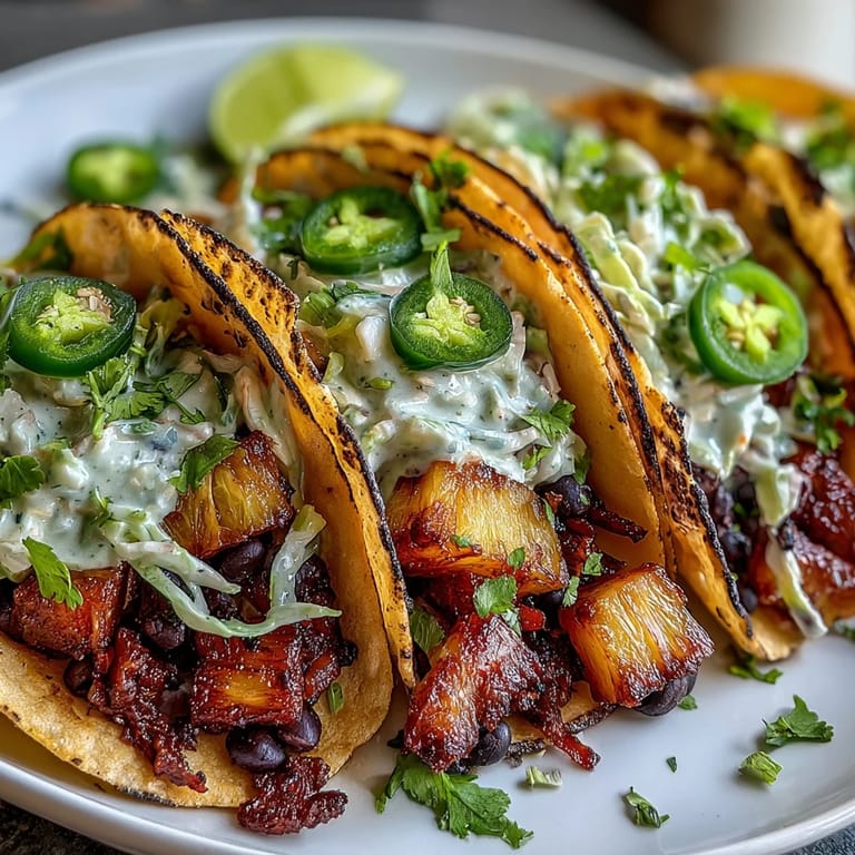 Tropical-inspired pineapple black bean tacos served on warm corn tortillas, featuring vibrant red and green cabbage slaw with zesty lime and coconut.  