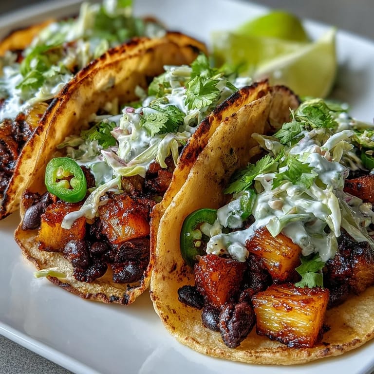 Delicious plant-based tacos bursting with sweet pineapple, hearty black beans, and crunchy coconut lime slaw, perfect for a refreshing summer meal.