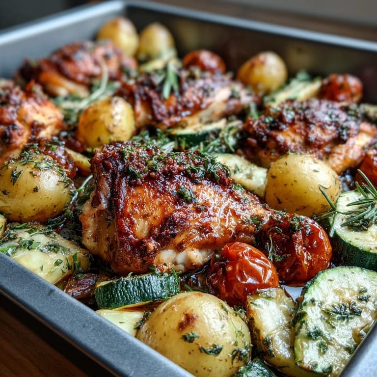 One-pan Mediterranean meal with juicy chicken thighs, tender zucchini, and crispy potatoes, bursting with lemon and herb flavors.  