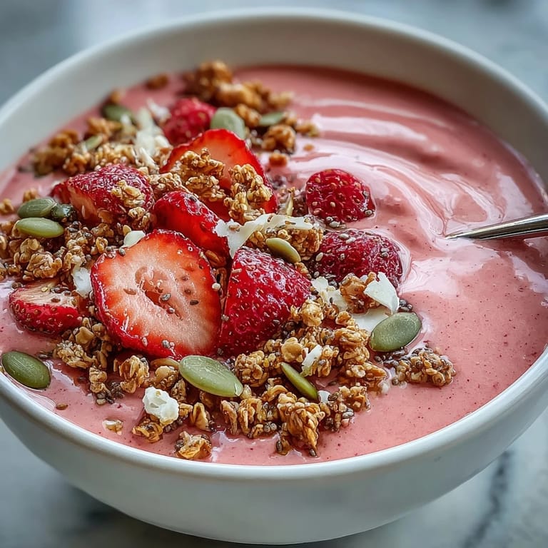 Thick, frosty strawberry smoothie bowl with hidden veggies and vanilla protein, served with fresh fruit and crunchy toppings.