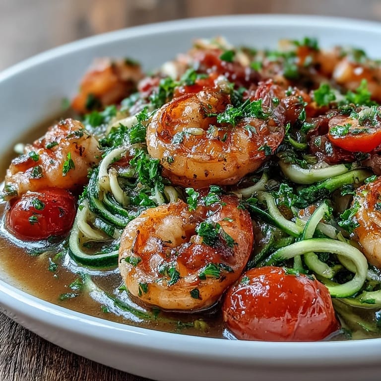 Quick shrimp and zucchini noodle dish in zesty lemon-garlic broth, perfect for a healthy weeknight meal.