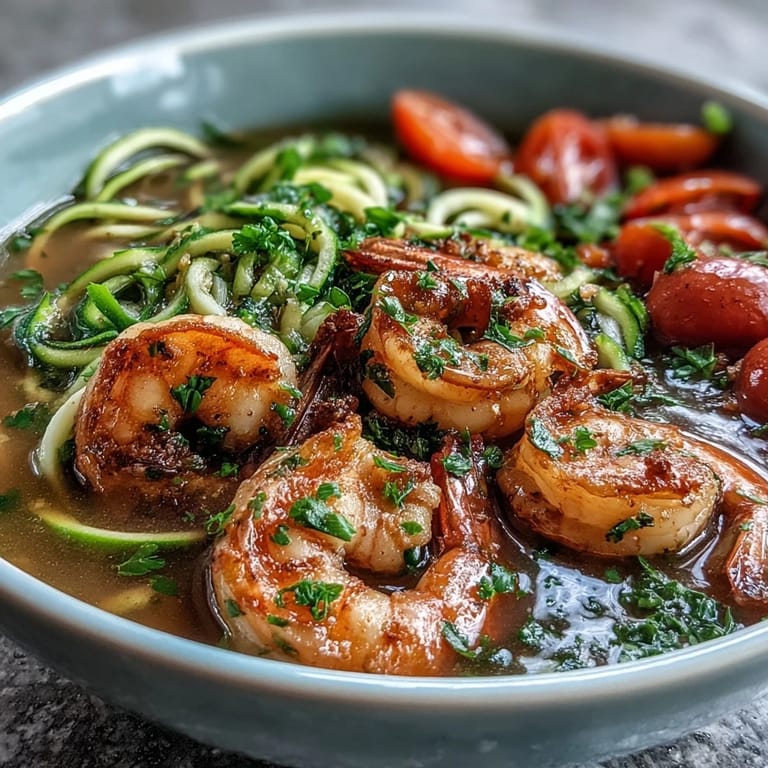 Colorful shrimp and spiralized zucchini in light lemon-garlic broth, topped with cherry tomatoes and parsley.