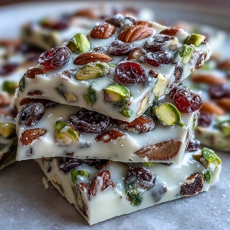 Rich white chocolate topped with crunchy pistachios and jewel-like dried fruits, perfect for holiday gifting.