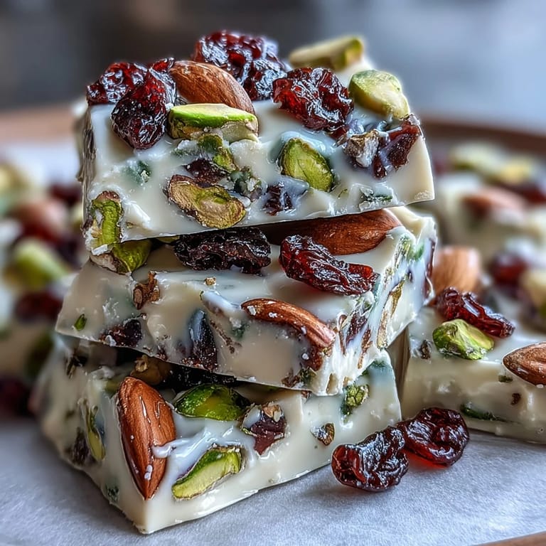 Creamy white chocolate bark with a medley of pistachios, apricots, and cranberries for a sweet crunch.