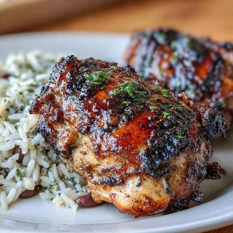 Vibrant Caribbean jerk chicken and rice with peas dish, featuring bold spices, creamy coconut milk, and tender beans for authentic island flavor.