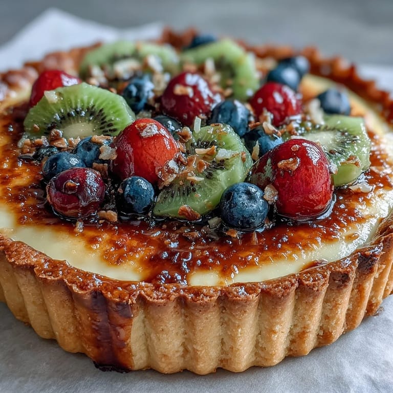 Silky cardamom-infused custard nestled in a crisp buttery tart shell, topped with seasonal berries and tropical fruit slices.