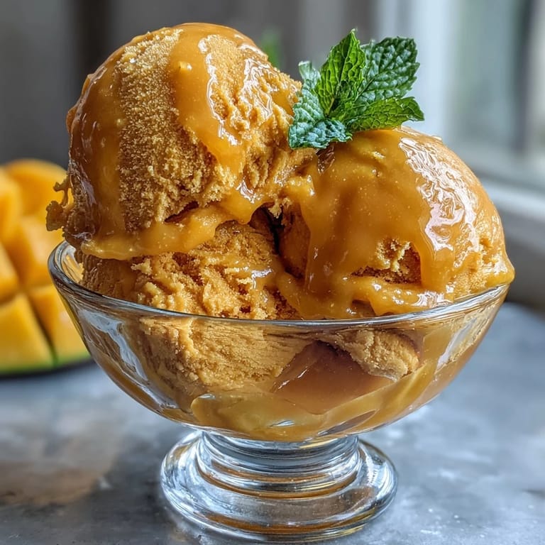 A refreshing summer dessert, this mango sorbet is made with ripe fruit, lime juice, and sugar for a dairy-free treat.  