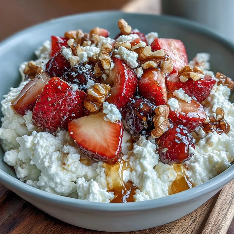 Creamy cottage cheese paired with sweet strawberries, banana slices, and a golden honey drizzle, perfect for a healthy and satisfying snack.