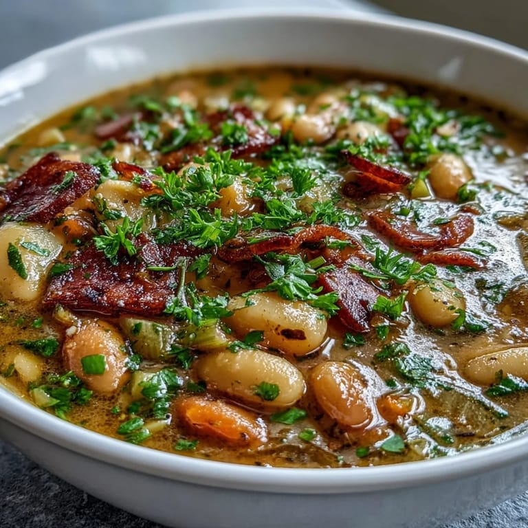A bowl of ham and butter bean soup garnished with parsley, showcasing rich flavors and wholesome ingredients.