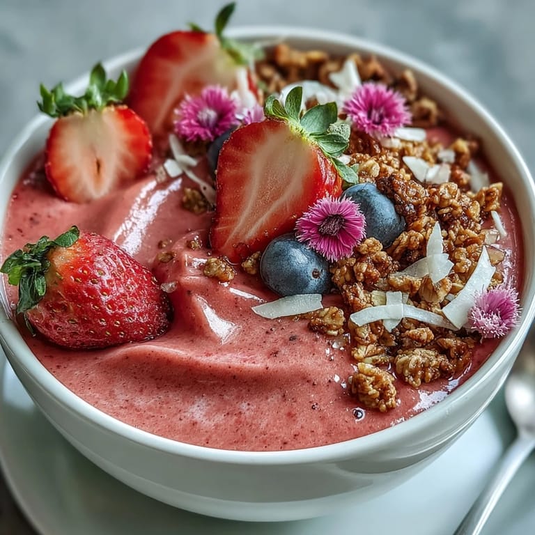 A creamy strawberry smoothie base blended with Greek yogurt and banana, beautifully garnished with granola, blueberries, and edible flowers.