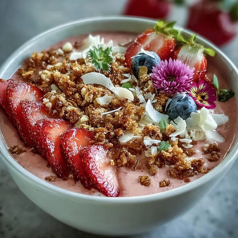 A refreshing strawberry smoothie bowl featuring a thick, spoonable texture topped with crunchy granola, sliced strawberries, and pumpkin seeds.