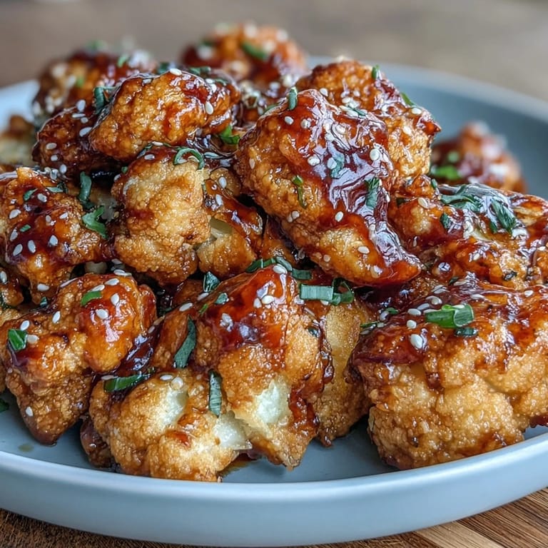 Air-fried cauliflower florets in a glossy, spicy-sweet General Tso's sauce, served as a vegetarian appetizer or main dish.