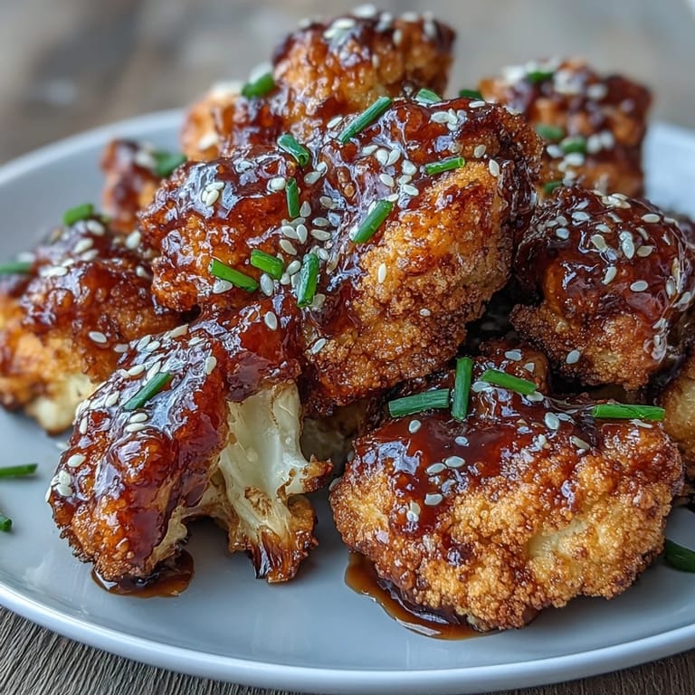Golden battered cauliflower bites tossed in rich General Tso's sauce, garnished with sesame seeds and scallions.  