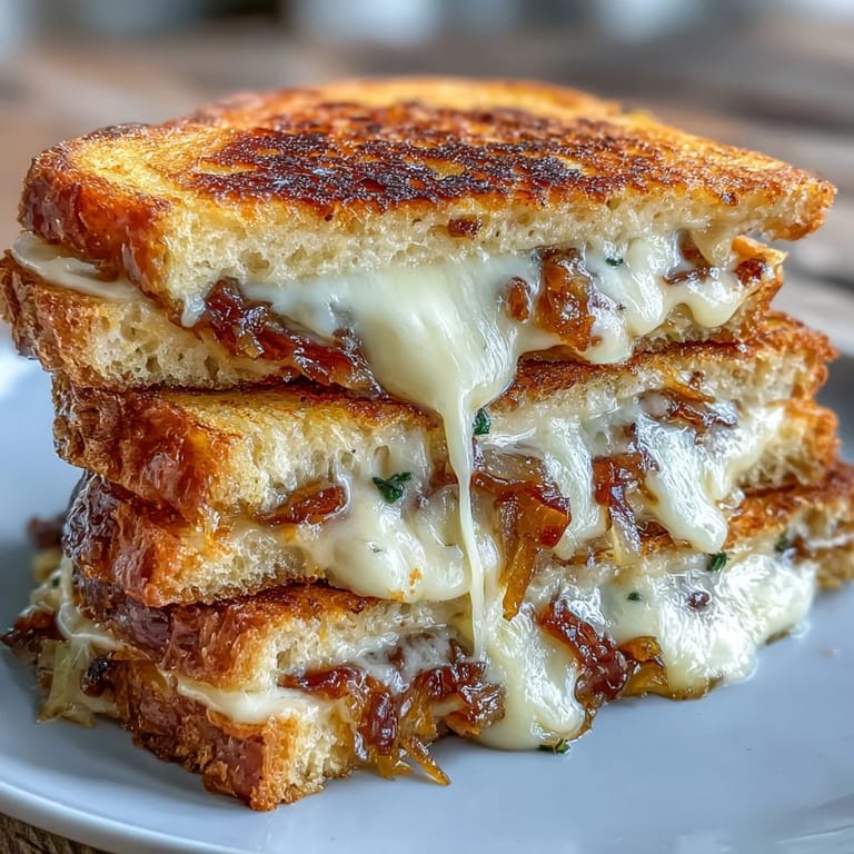 2. Crispy sourdough sandwich filled with rich Gruyere and sweet caramelized onions, grilled to perfection.  