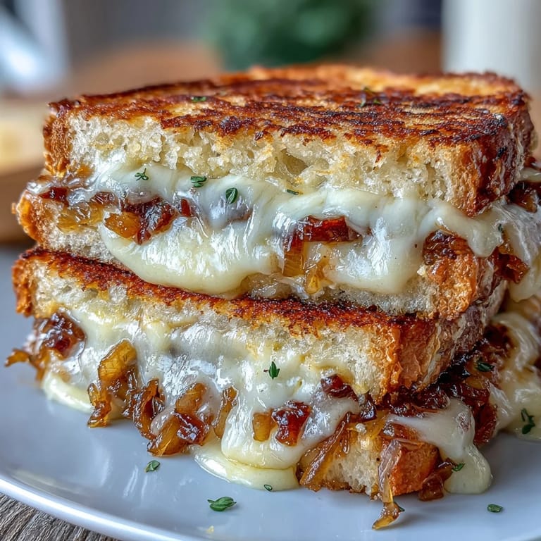 3. Gourmet sourdough grilled cheese featuring gooey Gruyere, tender caramelized onions, and golden, buttery crust.