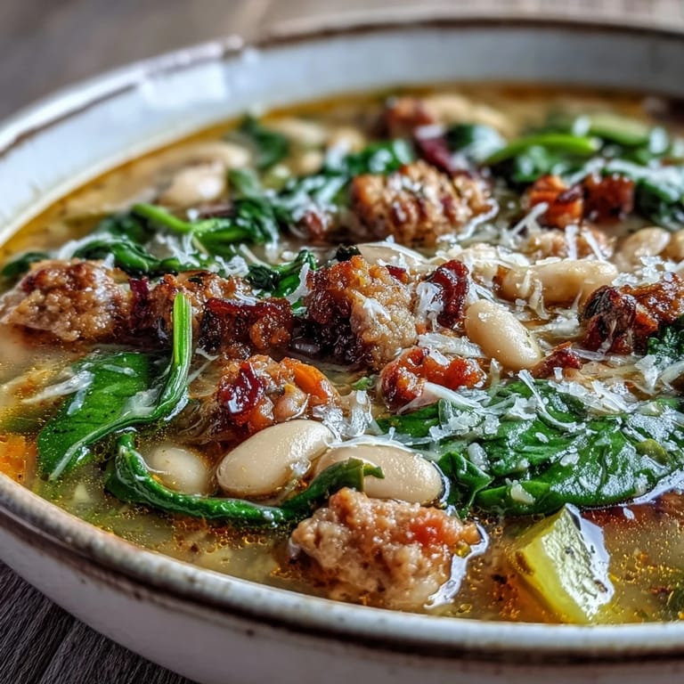 Hearty Tuscan white bean soup with Italian sausage, cannellini beans, and fresh vegetables in a fragrant broth.