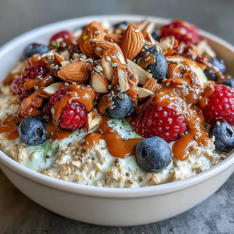 Nutty almond butter drizzled over a bowl of chilled overnight oats, bursting with juicy berries and crunchy sliced almonds.
