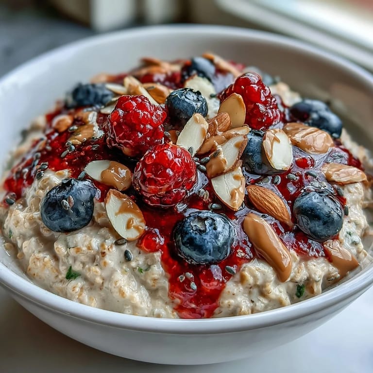 Layered oats infused with chia seeds and vanilla, garnished with fresh strawberries, blueberries, and a generous dollop of almond butter.